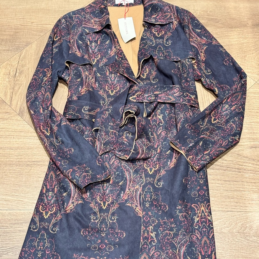 Zara Navy and Burgundy Paisley Trench Coat